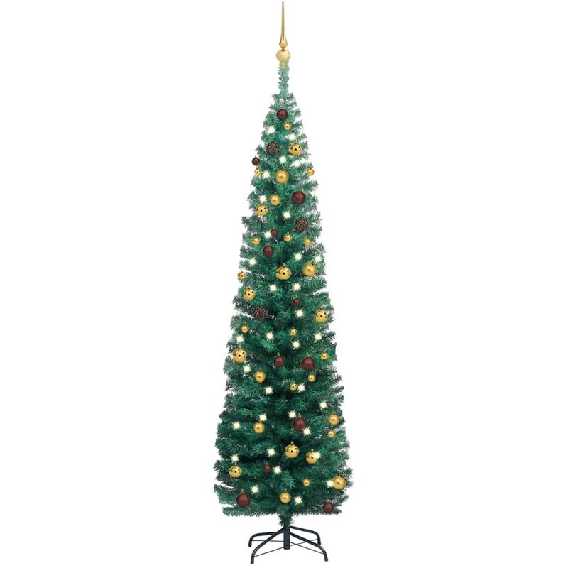 

Árbol Navidad artificial estrecho con LED y bolas verde 180 cm