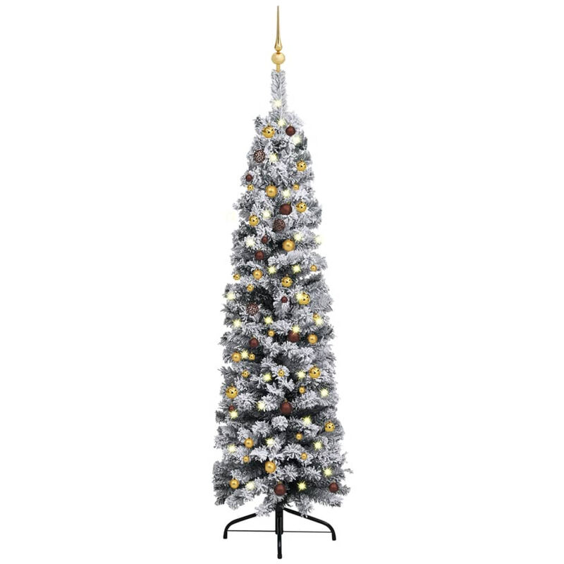 

arbol Navidad artificial estrecho con LED y bolas verde 210 cm