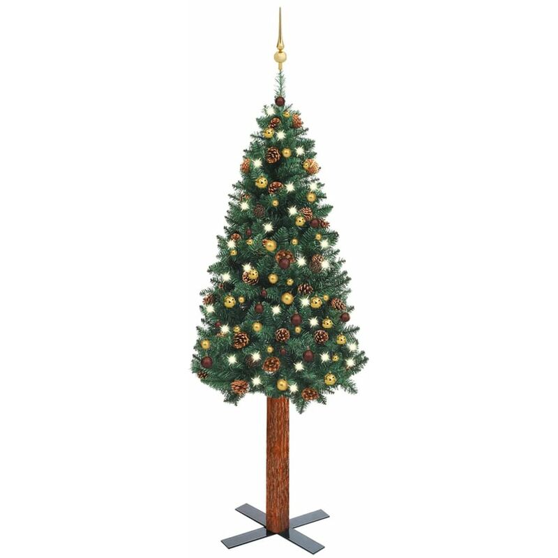 

arbol Navidad artificial estrecho con LED y bolas verde 210 cm