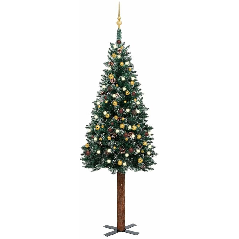 

arbol Navidad artificial estrecho con LED y bolas verde 210 cm