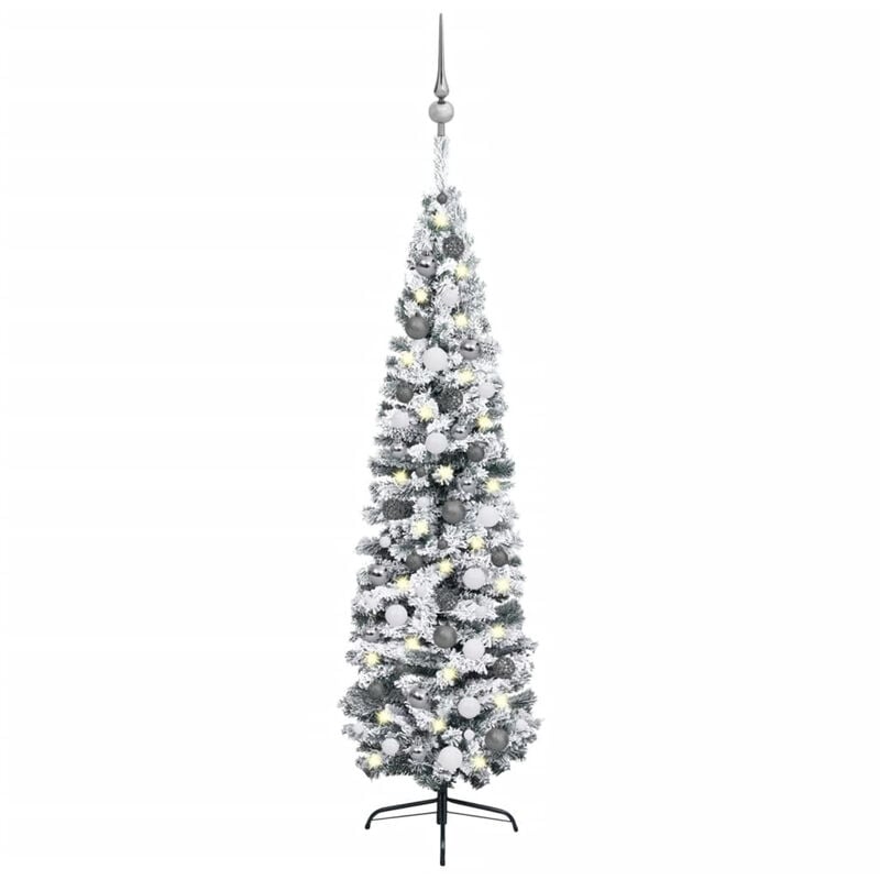 

arbol Navidad artificial estrecho con LED y bolas verde 210 cm
