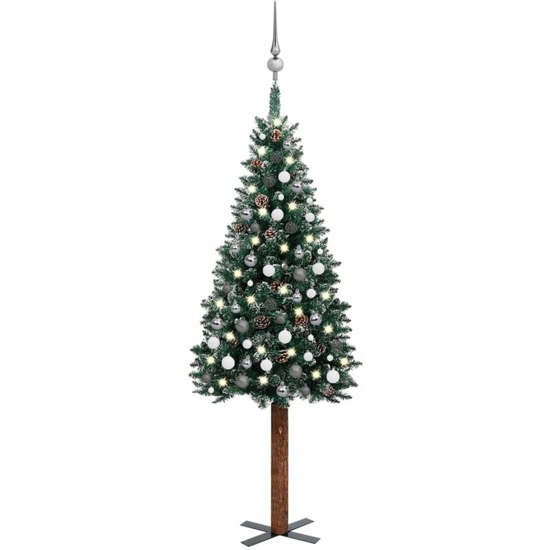 

arbol Navidad artificial estrecho con LED y bolas verde 210 cm