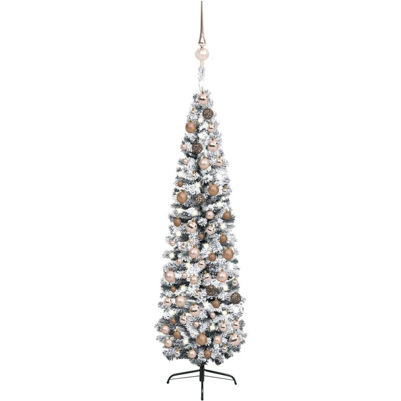 

arbol Navidad artificial estrecho con LED y bolas verde 210 cm