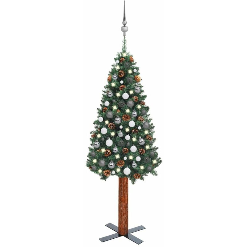 

arbol Navidad artificial estrecho LED y bolas PVC verde 150 cm