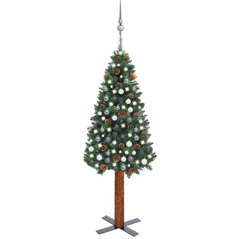 

arbol Navidad artificial estrecho LED y bolas PVC verde 210 cm