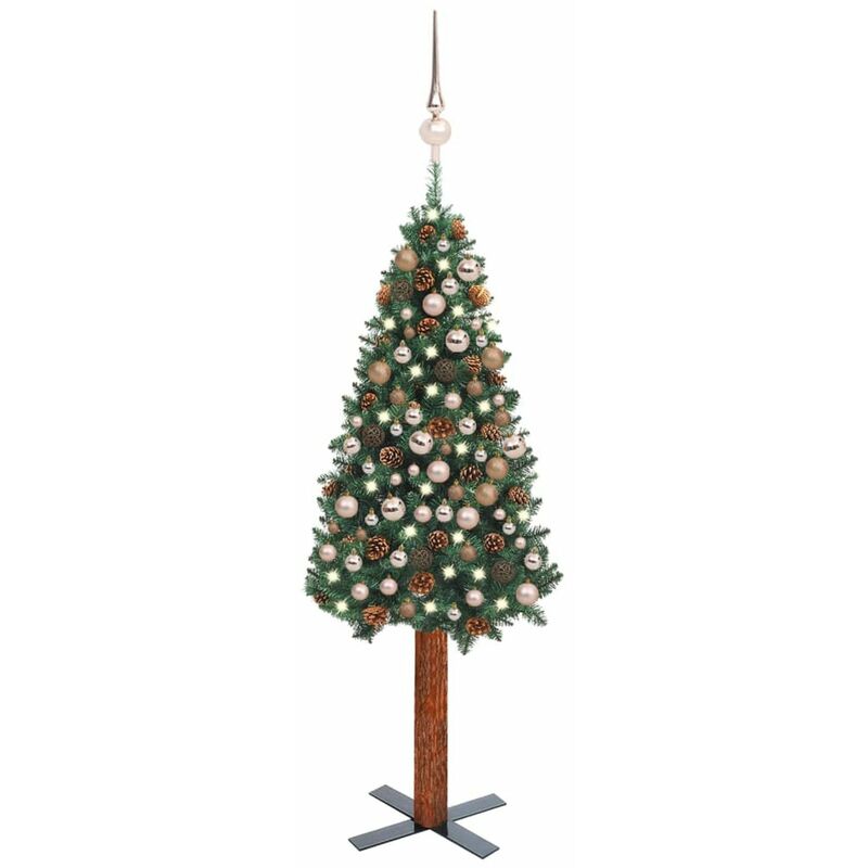 

arbol Navidad artificial estrecho LED y bolas PVC verde 210 cm