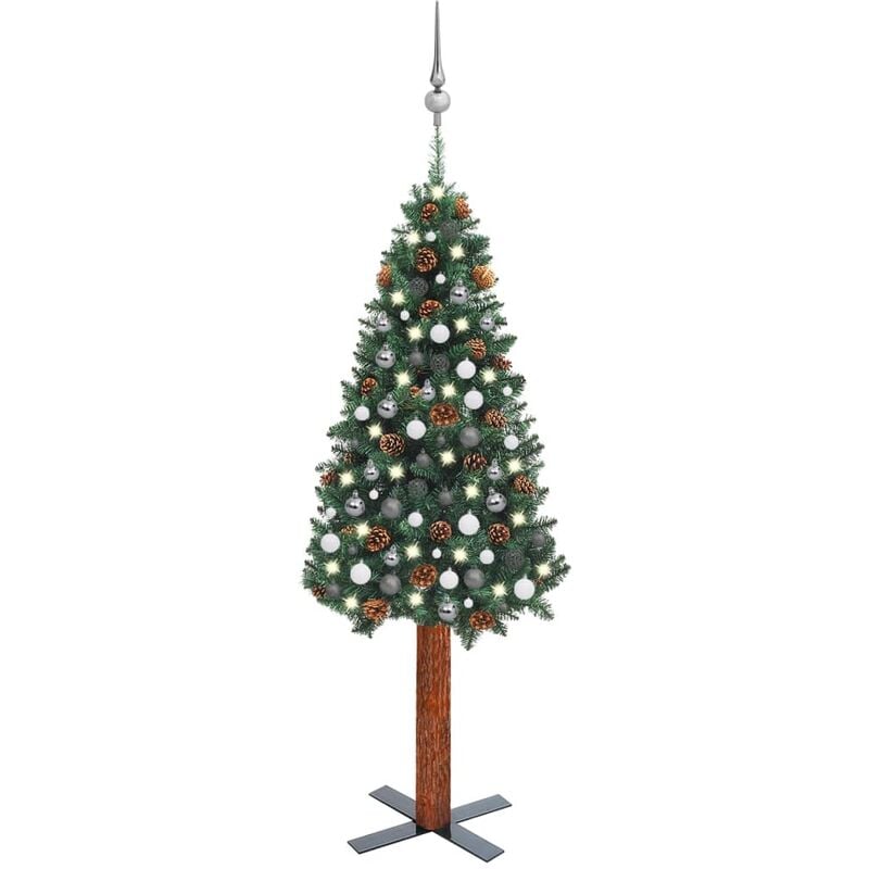

Árbol Navidad artificial estrecho LED y bolas PVC verde 210 cm