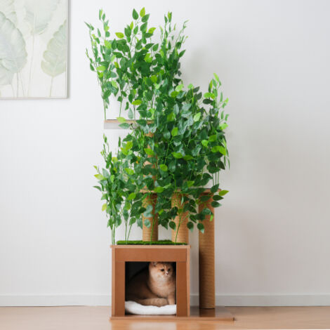 Árbol para gatos 158 cm en forma de árbol, 3 plataformas y caseta, MDF resistente, hojas extraíbles, antivuelco, verde