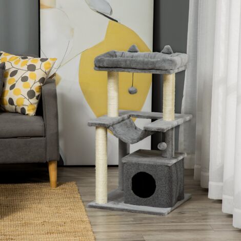 Árbol para Gatos Altura 90 cm de 3 Niveles con Nido Plataforma Bolas Colgantes y Poste de Sisal 48x48x90 cm Gris