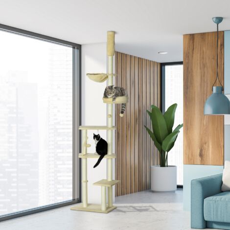 Árbol para Gatos de Suelo a Techo de 230-250 cm con Altura Ajustable Múltiples Plataformas Cestos Hamaca Bolas Beige