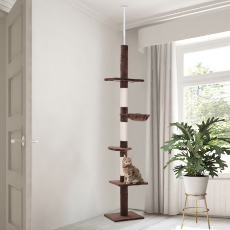 Árbol para Gatos de Suelo a Techo de 230-260 cm con Altura Ajustable Plataformas Hamaca y Postes de Sisal Marrón