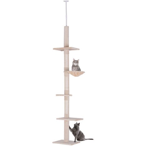 PAWHUT Árbol Rascador del Suelo al Techo Altura Ajustable 230-260 cm Hamaca Postes Sisal Beige