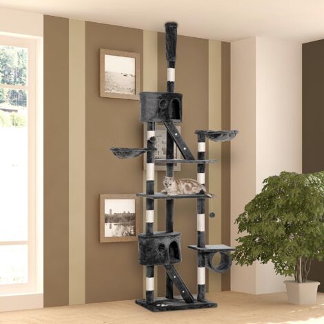 Árbol para Gatos de Suelo a Techo de 240-260 cm con Altura Ajustable Múltiples Plataformas Cuevas Cestos y Rampas Gris