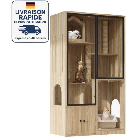 Árbol para gatos moderno - Vitrina de cristal templado - 90x50x160cm - Madera con certificación PEFC - La parte inferior ofrece almacenamiento flexible para comida, arena y accesorios para gatos - A