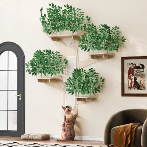 Árbol para gatos mural diseño en madera de pino con rascadores y plataformas, verde, 210 x 155 cm