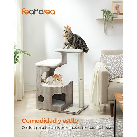 FEANDREA Árbol para Gatos, Torre de Gatos, Altura de 86 cm, con 3 Camas y Cueva, Hecho de MDF, con Chapa de Madera, Poste de Sisal, Piel de Imitación Lavable, Vintage, Rústico Marrón y Blanco por SONG - Vintage, Rústico Marrón y Blanco