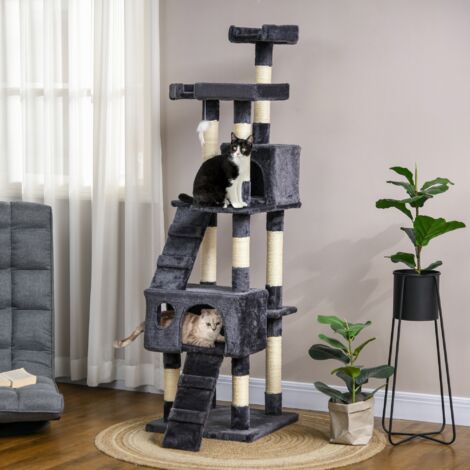 Árbol para Gatos Torre para Gatos con Nidos Escaleras Juguetes Colgantes y Postes de Sisal 49x49x173 cm Gris Oscuro