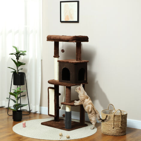 Árbol Rascador para Gatos 132 cm con Plataformas Poste con Cepillo Bolas Colgantes y Almohadilla para Rascar Marrón