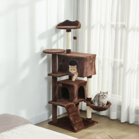 Árbol Rascador para Gatos 140 cm con Plataformas Cama 2 Cuevas Hamaca Escalera Postes de Sisal Marrón