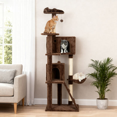 Árbol Rascador para Gatos 180 cm con Plataformas Cama 2 Cuevas Hamaca Escalera Postes de Sisal Marrón