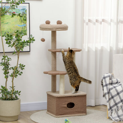 Árbol Rascador para Gatos Altura 133 cm Torre para Gatos con Nido Plataformas Bola Colgante y Poste de Yute Café