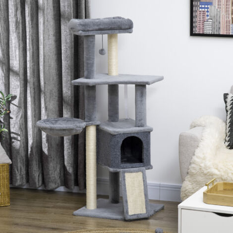 Árbol Rascador para Gatos Árbol para Gatos 127 cm con Cueva Hamaca Cama Plataformas Rampa de Sisal Bola Colgante Gris