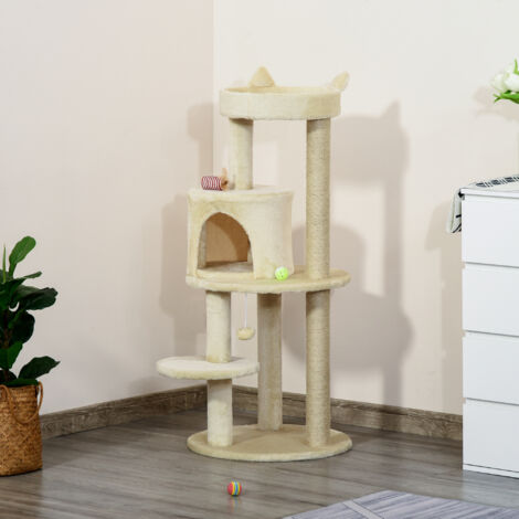Árbol Rascador para Gatos de 104 cm Rascador para Gatos con Plataformas Refugio Postes de Sisal y Bola 48x48x104cm Crema
