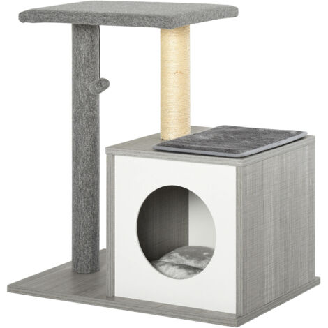 Árbol rascador para gatos de 59x39x62 cm, 3 niveles, con plataformas, postes rascadores, espaciosa cueva de madera, cojines suaves extraíbles y pelota de juguete (gris).