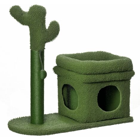 Árbol Rascador para Gatos Diseño de Cactus con Cama Cueva Poste de Sisal y Bola Colgante 68x30x67 cm Verde