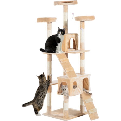 PAWHUT Árbol Rascador para Gatos Grande 49x49x173 cm con Múltiples Niveles con Cuevas Escaleras Juguetes Colgantes Camas Centro Actividades Sisal