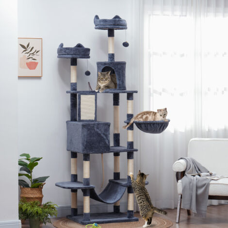 Árbol Rascador para Gatos Grande Altura 206 cm con Múltiples Niveles Cuevas Bolas Colgantes y Hamacas Gris Oscuro
