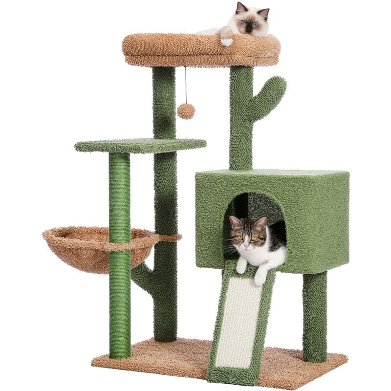 Arbre à Chat Cactus Design, avec Echelle Poteau Griffoir, Griffoir Sur Terre et Hamac Suspendu, 104cm, Vert - Pawz Road