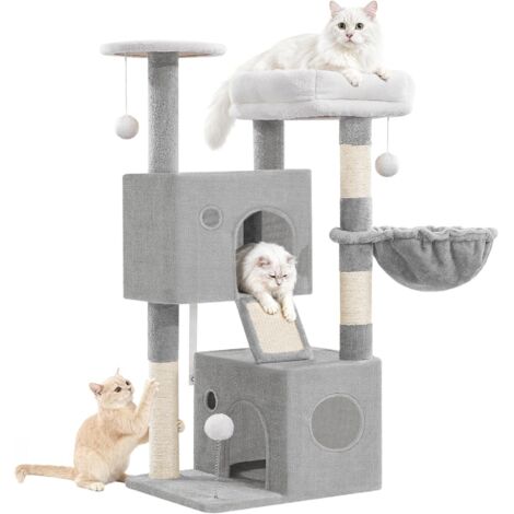 Arbre à Chat 108 cm, Tour de Jeux pour Chats d'Intérieur, Arbre à Grimper avec Griffoirs, Niches, Perchoirs, Balles en Peluche, Panier pour Chat, Planche à Griffer, Gris Clair