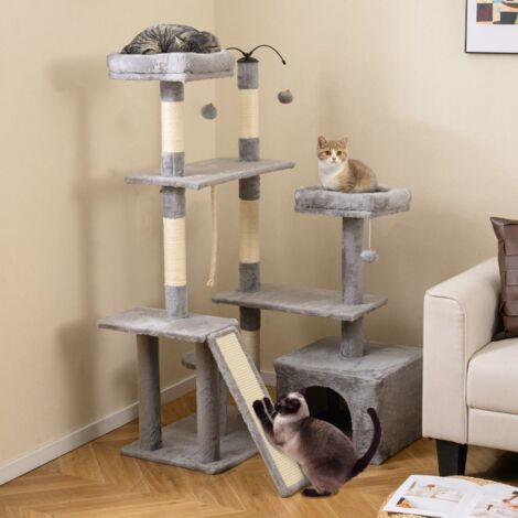 Arbre à Chat 136cm Maison de Jeu avec Poteaux à Griffer en Sisal Rampe 2 Perchoirs Rembourrés Grand Condo Balles Suspendues Gris Clair