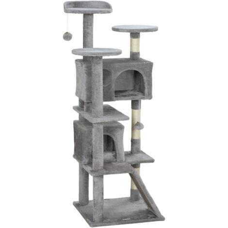 Arbre à chat 138 cm, tour d'activité avec griffoir, plateaux, 2 cabanes, 49x49x138 cm gris clair