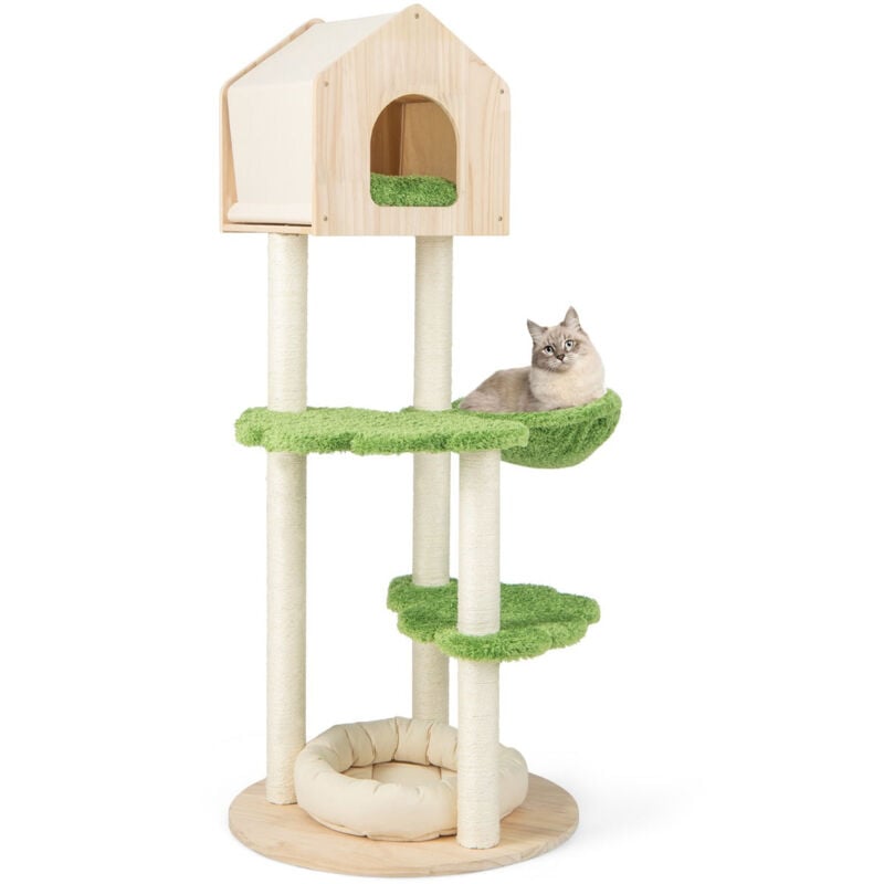 Arbre à chat 139 cm en bois poteau griffoir condo panier lit pour chat 2 plate-forme tour de jeux pour chat vert