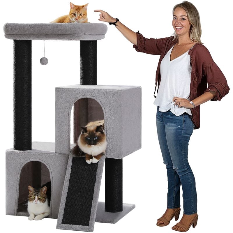 Grand Arbre à Chat avec Poteaux xxl 11 cm en Sisal, Double Condos Spacieux & Perchoir Confortable de 52 54 cm, 114 cm, Noir-Gris - Pawz Road