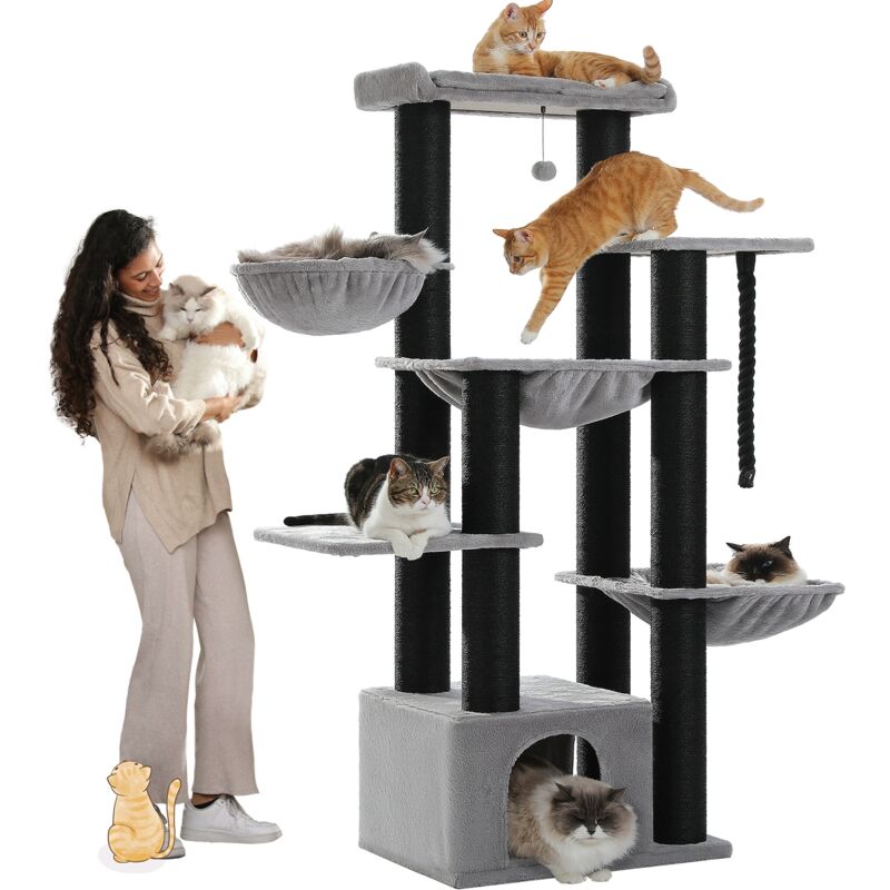 PAWZ Road Grand Arbre à Chat avec Poteaux XXL 11 cm en Sisal, Hamacs Spacieux, Condo & Perchoir, 170 cm, Noir-Gris