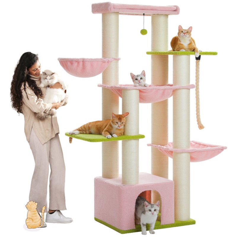 Grand Arbre à Chat avec Poteaux xxl 11 cm en Sisal, Hamacs Spacieux, Condo & Perchoir, 170 cm, Rose - Pawz Road