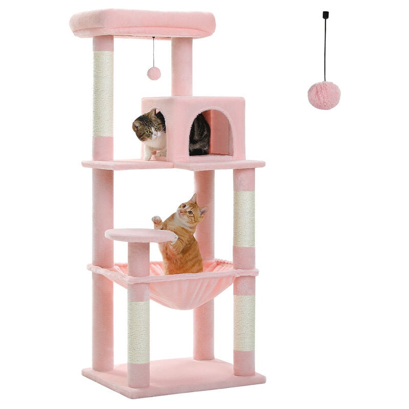 Arbre à Chat en Bois, Tour de Chat Moderne, avec Griffoirs Sisal, Condo Confortable et Grand Hamac, 143cm, Rose - Pawz Road