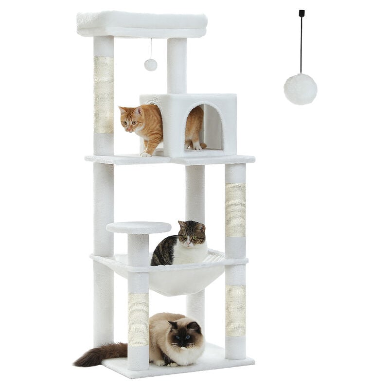 Arbre à Chat en Bois, Tour de Chat Moderne, avec Griffoirs Sisal, Condo Confortable et Grand Hamac, 143cm, Blanc - Pawz Road
