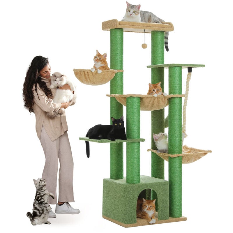 Grand Arbre a Chat, Arbre à Chat avec Poteaux xxl 11 cm en Sisal, Hamacs Spacieux, Condo & Perchoir, 170 cm, Vert - Pawz Road