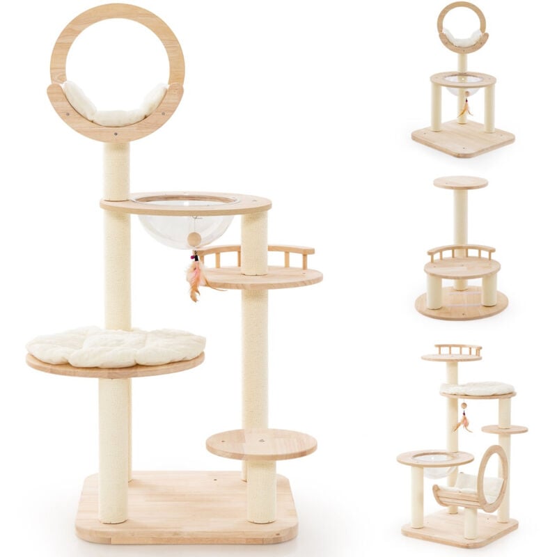 Arbre à chat 146 cm en blocs de construction tour à chat en bois chêne 4 en 1 avec condo et hublot 146 cm griffoir en sisal plateforme rembourrée