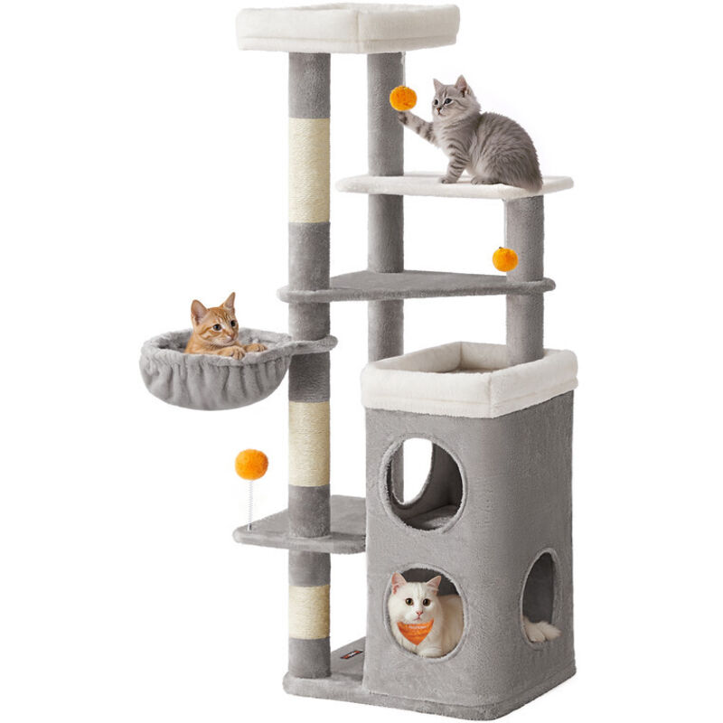 Feandrea - Arbre à Chat 152 cm de Haut, Tour de Jeux pour Chat à Plusieurs Niveaux, avec 2 Grandes Niches, 1 Hamac, 3 Poteaux à Griffer, 3 Feandrea - Arbre à Chat 152 cm de Haut, Tour de Jeux pour Chat à Plusieurs Niveaux, avec 2 Grandes Niches, 1 Hamac, 3 Poteaux à Griffer, 3