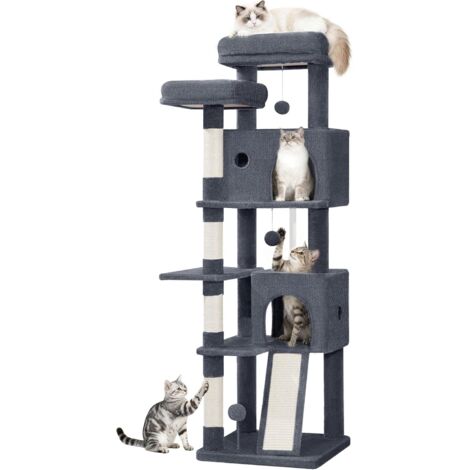 Arbre à Chat 152 cm, Tour à Chat pour Chats d'Intérieur avec Poteaux à Griffer en Sisal, Planche à Griffer, 2 Condos Confortables, 2 Perchoirs, Pompons, Lieu de Repos, Gris Foncé