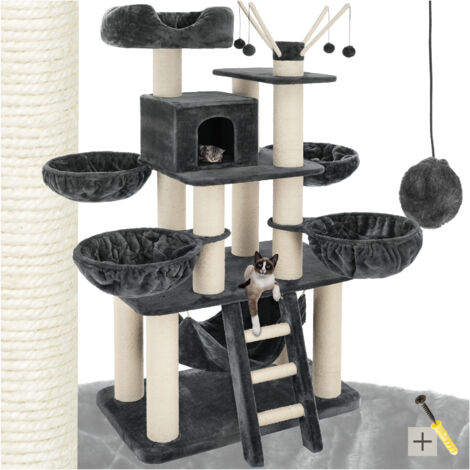 Arbre à Chat 195 cm GISMO Griffoir + 1 Cabane + 1 Hamac + 4 Couchettes + 4 Balles de jeu Gris