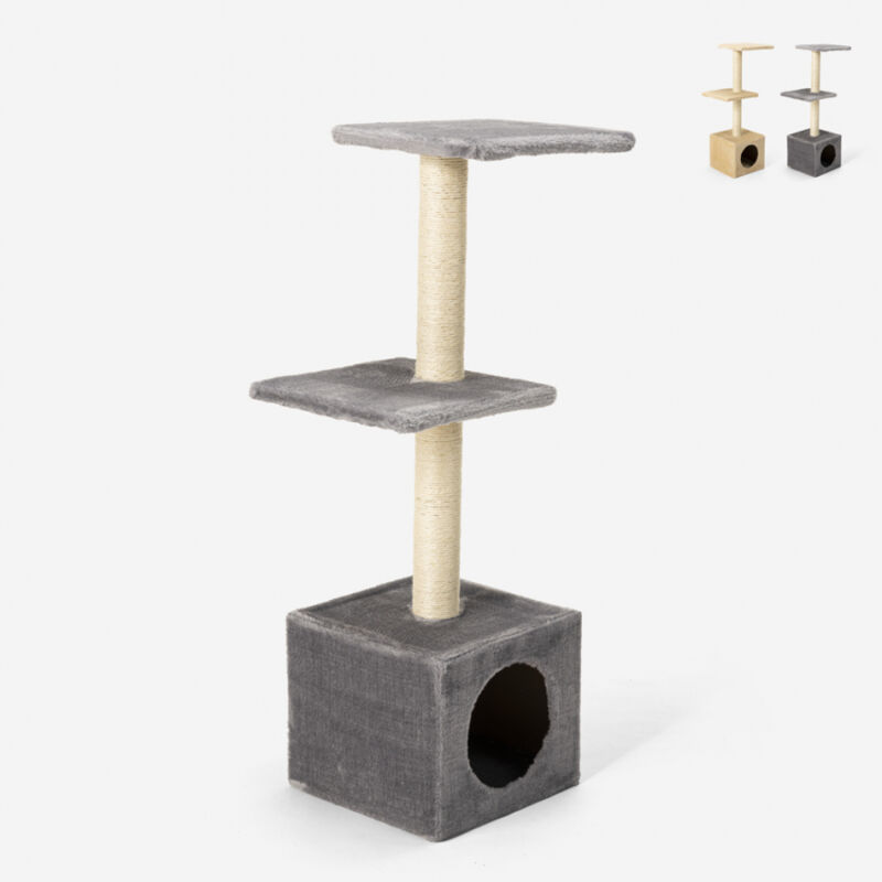 Arbre à chat 2 étages 95 cm avec couchette peluche et colonne sisal Pixiebob | Gris