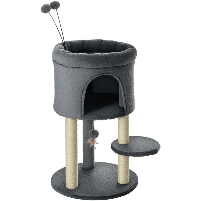 Arbre à chat 2 griffoirs sisal naturel niche plateforme panier observation jeu boules peluche gris