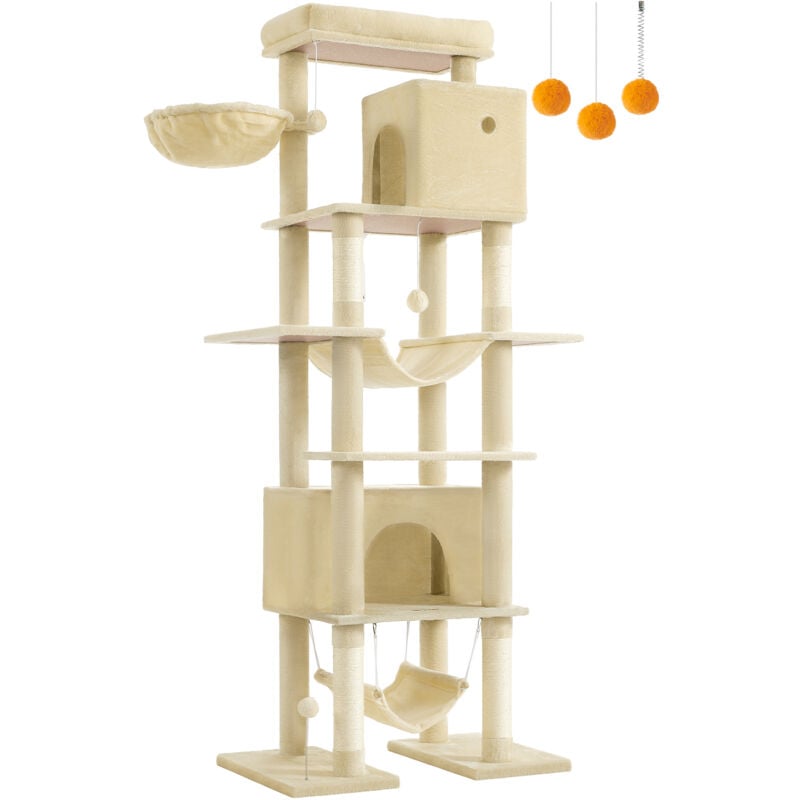 Arbre à Chat 201 cm, Forme de Tour, Taille xxl, Multi-Niveaux, 1 Plateforme, 1 Panier, 2 Niches, 2 Hamacs, Dispositif Anti-Basculement, Beige