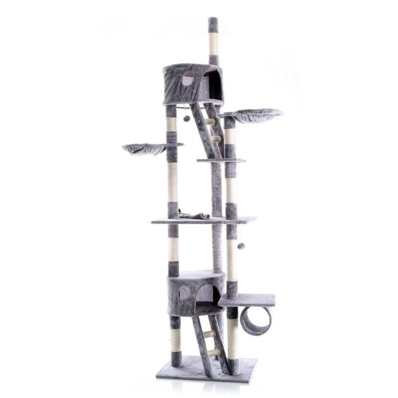 Arbre à chat Plafond 240-260 cm en Gris avec corde en Sisal Niches et Hamacs Griffoir Grattoir